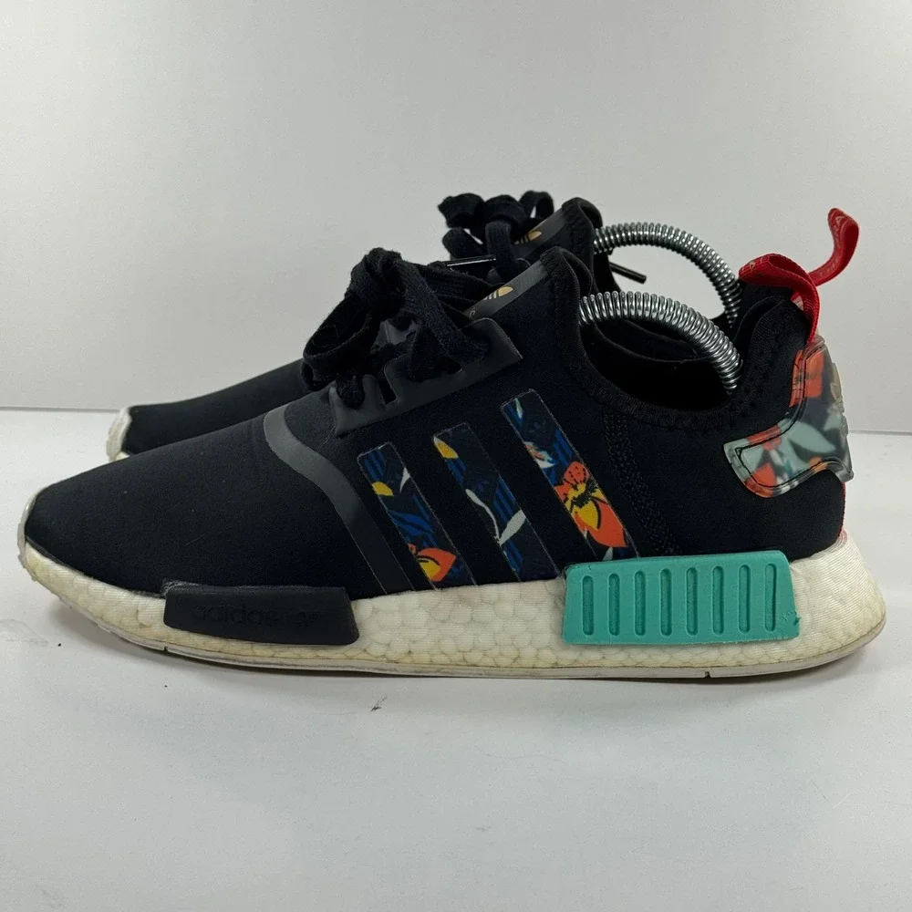 Adidas NMD R1 Core Black Floral Stripes Teal Accents Sneakers‎ FY3665 Mens 9
